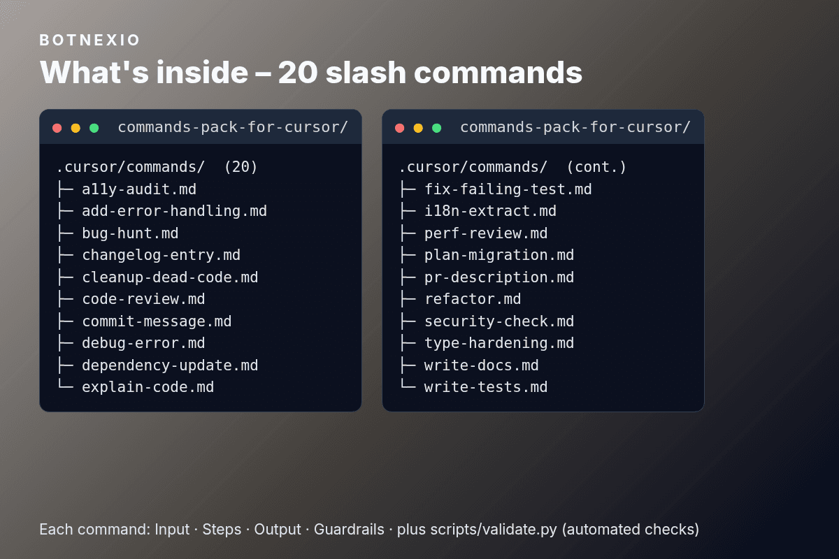 Inhalt: die 20 Command-Dateien in .cursor/commands/, von a11y-audit bis write-tests; jeder Command mit Input, Steps, Output und Guardrails
