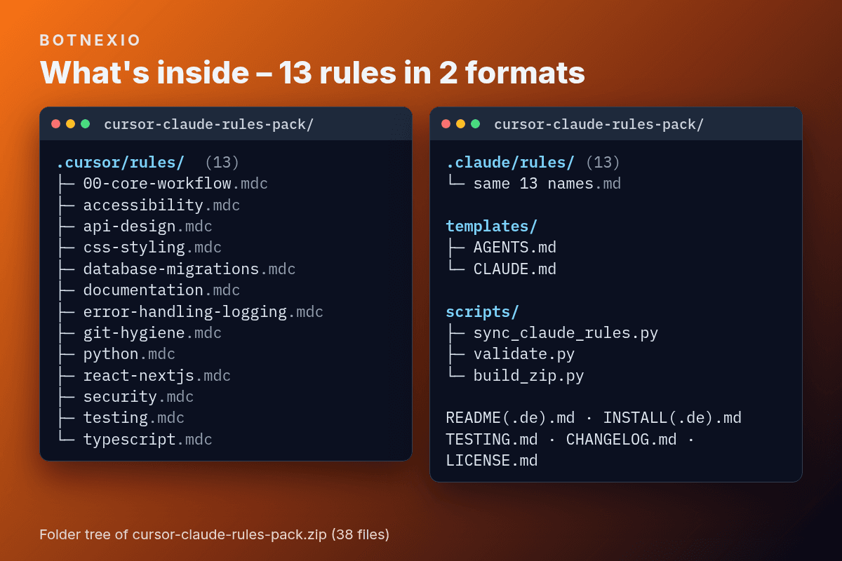 Folder tree of the pack: 13 rules as .mdc for Cursor and as .md for Claude Code, AGENTS.md and CLAUDE.md templates, three Python scripts and docs