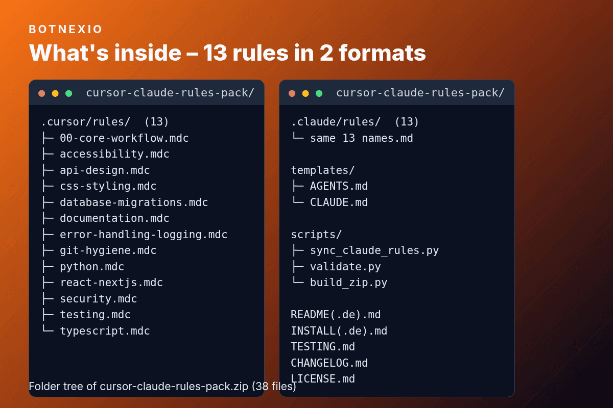 Folder tree of the pack: 13 rules as .mdc for Cursor and as .md for Claude Code, AGENTS.md and CLAUDE.md templates, three Python scripts and docs