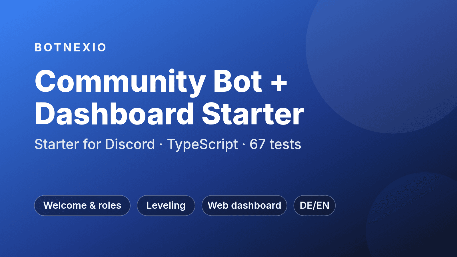 Hero image: Community Bot + Dashboard Starter for Discord – TypeScript, 67 tests; welcome & roles, leveling, web dashboard, DE/EN