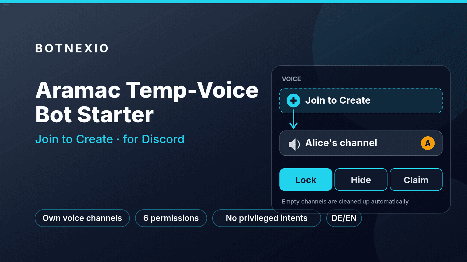 Aramac Temp-Voice (Join to Create) Bot Starter für Discord – Hero: eigene Sprachkanäle, 6 Berechtigungen, keine privilegierten Intents, DE/EN; leere Kanäle werden automatisch aufgeräumt