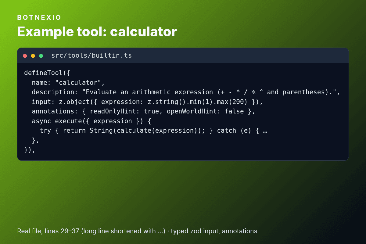 Excerpt from src/tools/builtin.ts: defining the calculator tool with a zod input schema and read-only annotations