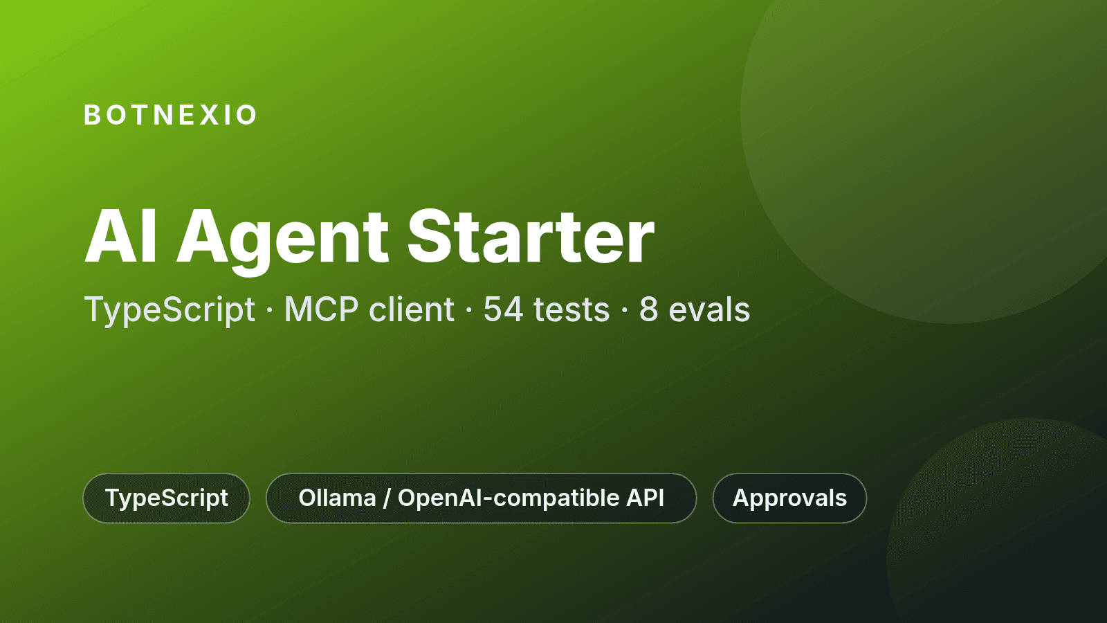 Hero image: AI Agent Starter – TypeScript, MCP client, 54 tests, 8 evals; TypeScript, Ollama or OpenAI-compatible API, approvals